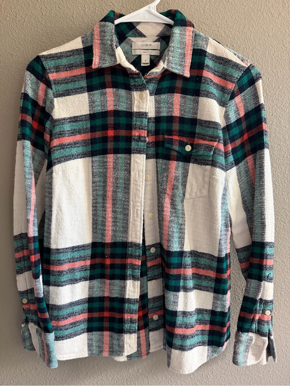 J. Crew Plaid Button-Down Shirt in Ivory, Teal & Coral